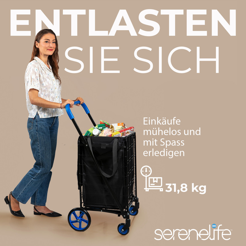 Frau schiebt Einkaufswagen mit Lebensmitteln; Max. 31,8 kg.