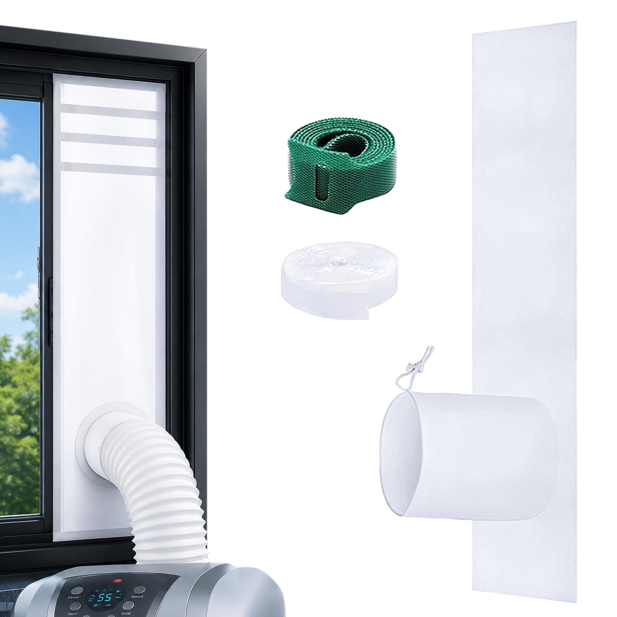 Fensterabdichtung für Klimaanlagen mit Schlauch, Band und Stoffmanschette.