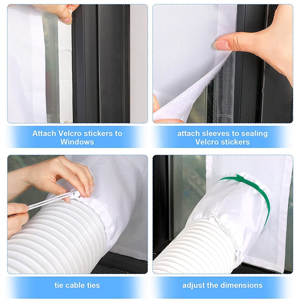 Installationsschritte: Klettband am Fenster anbringen, Ärmel befestigen, Kabelbinder binden, anpassen.