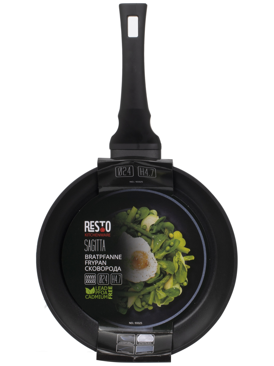Schwarze Bratpfanne mit einer Abbildung von einem Spiegelei und Salat. Durchmesser 24cm.