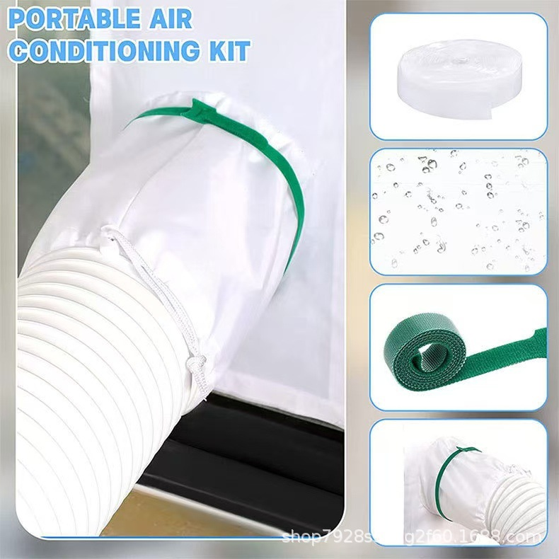 Tragbares Klimaanlagen-Kit: weißer Stoff, weißer Schlauch, grüner Gurt, Klebebandrolle, Wassertropfen.