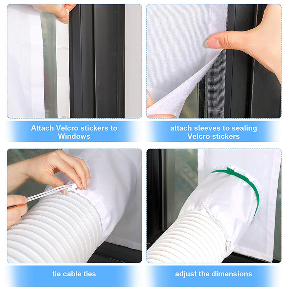 Anleitung zeigt Klettband am Fenster, Ärmel am Klettband, Binden von Kordeln, Anpassen der Maße.