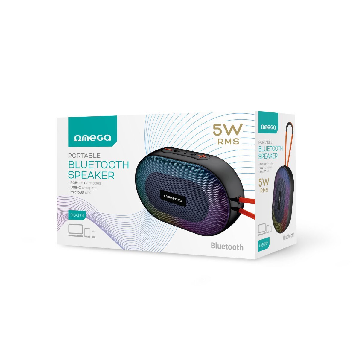 Verpackung mit tragbarem Bluetooth-Lautsprecher, RGB-LEDs, USB-C.