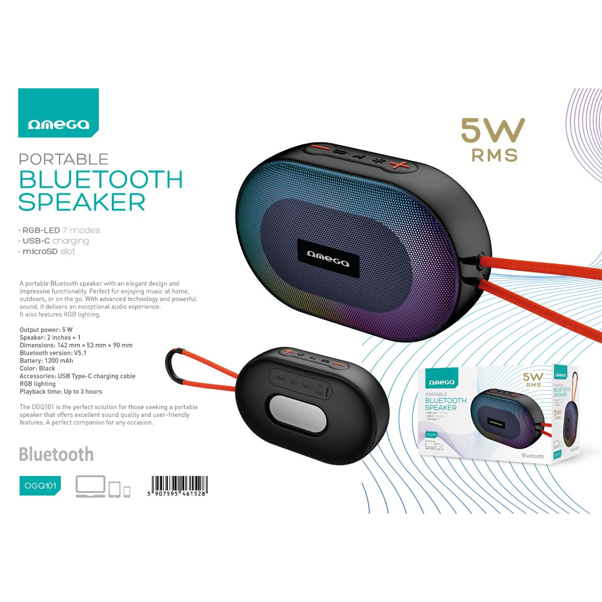 Ein tragbarer schwarzer Bluetooth-Lautsprecher mit RGB-Beleuchtung und roten Tragegurten.