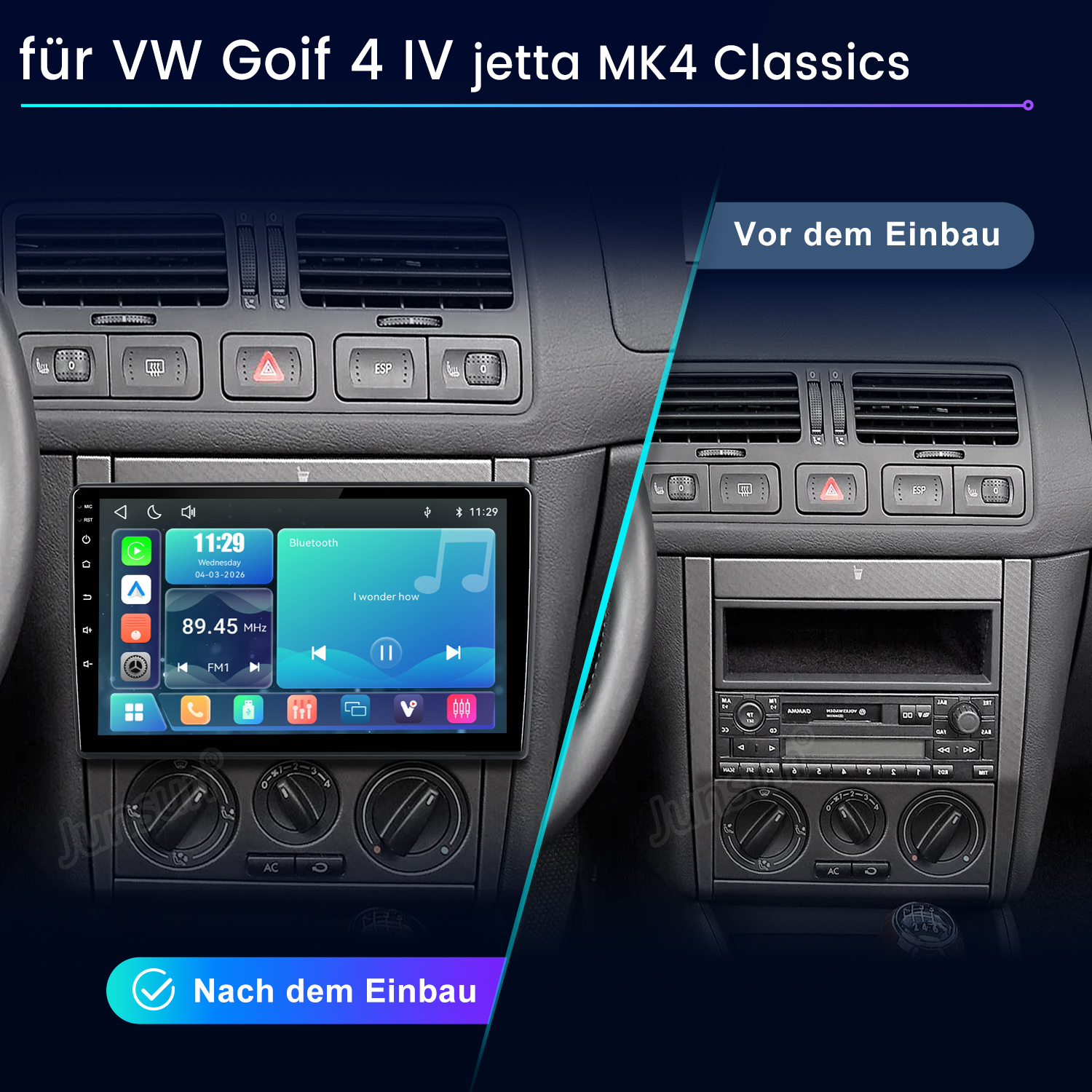 Vorher/Nachher Vergleich eines Autoradios für VW Golf 4.
