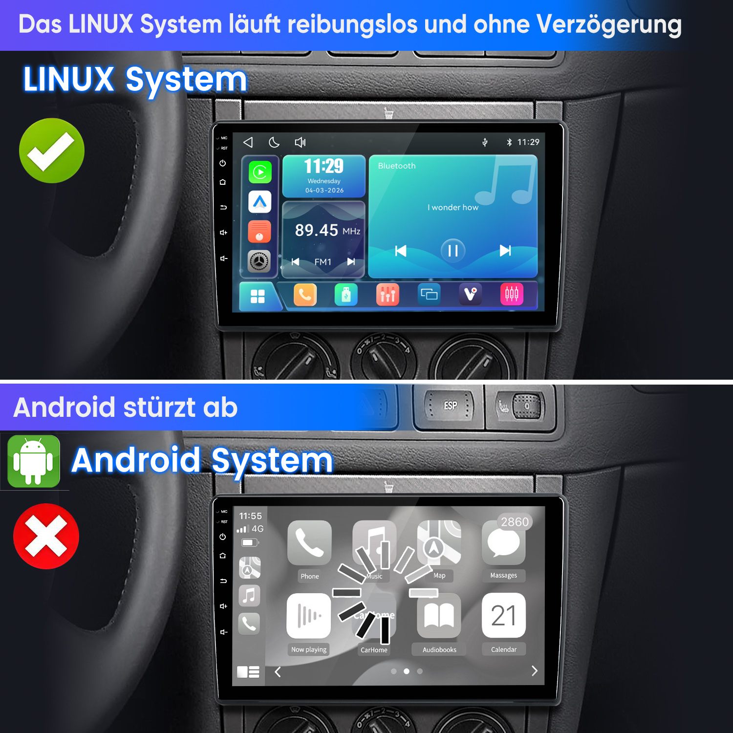 Oben: Linux-System mit Häkchen. Unten: Android-System mit Kreuz.