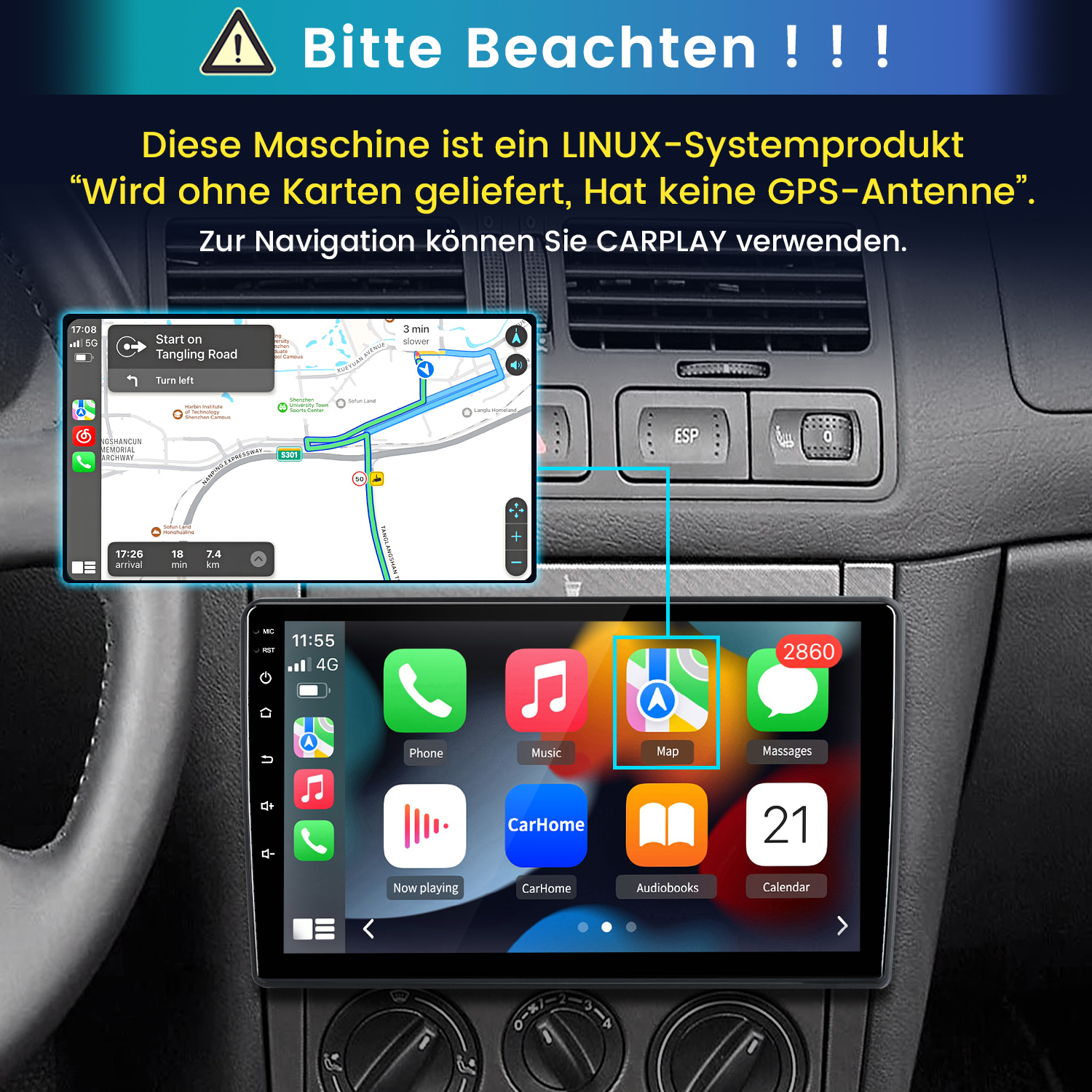 Autonavigationssystem mit CarPlay. Zeigt eine Karte und App-Symbole an.