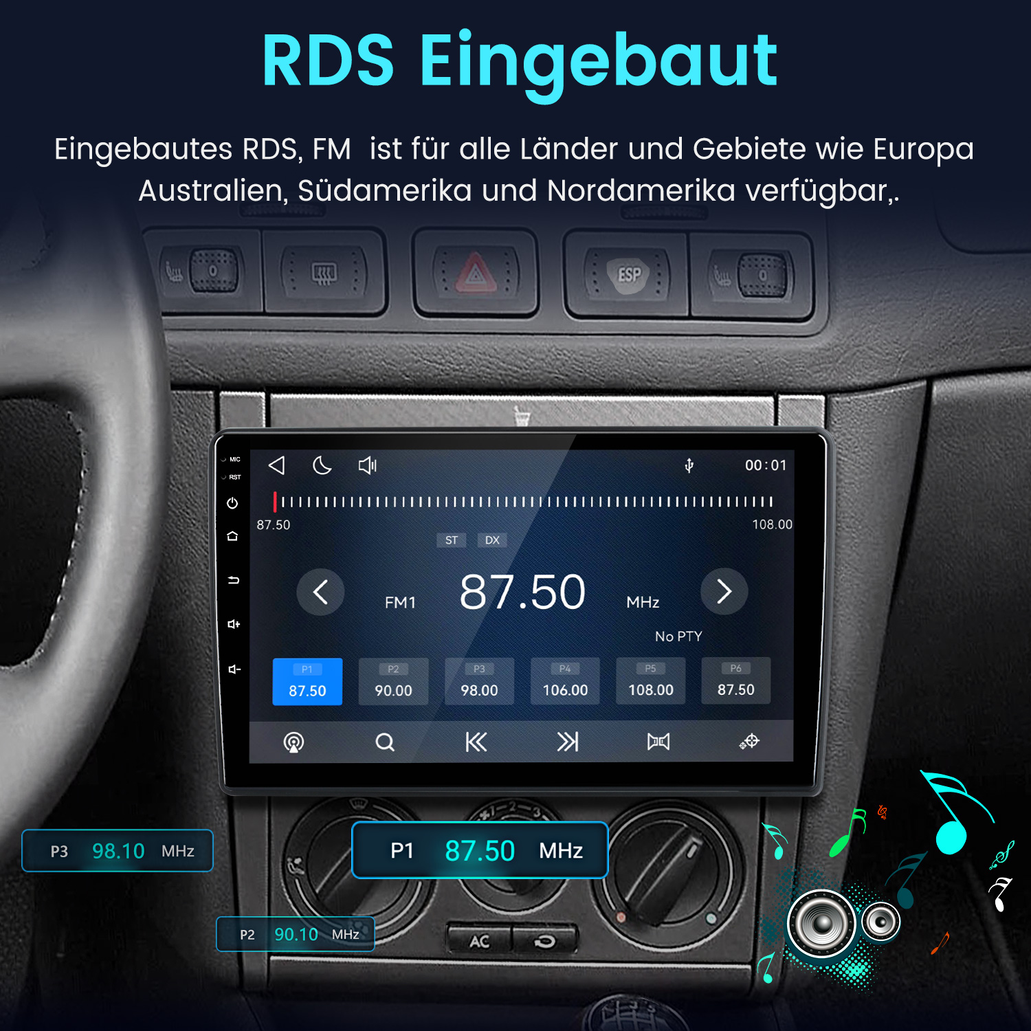 Ein Autoradio-Display zeigt RDS-Informationen, Sender 87.50 MHz an.