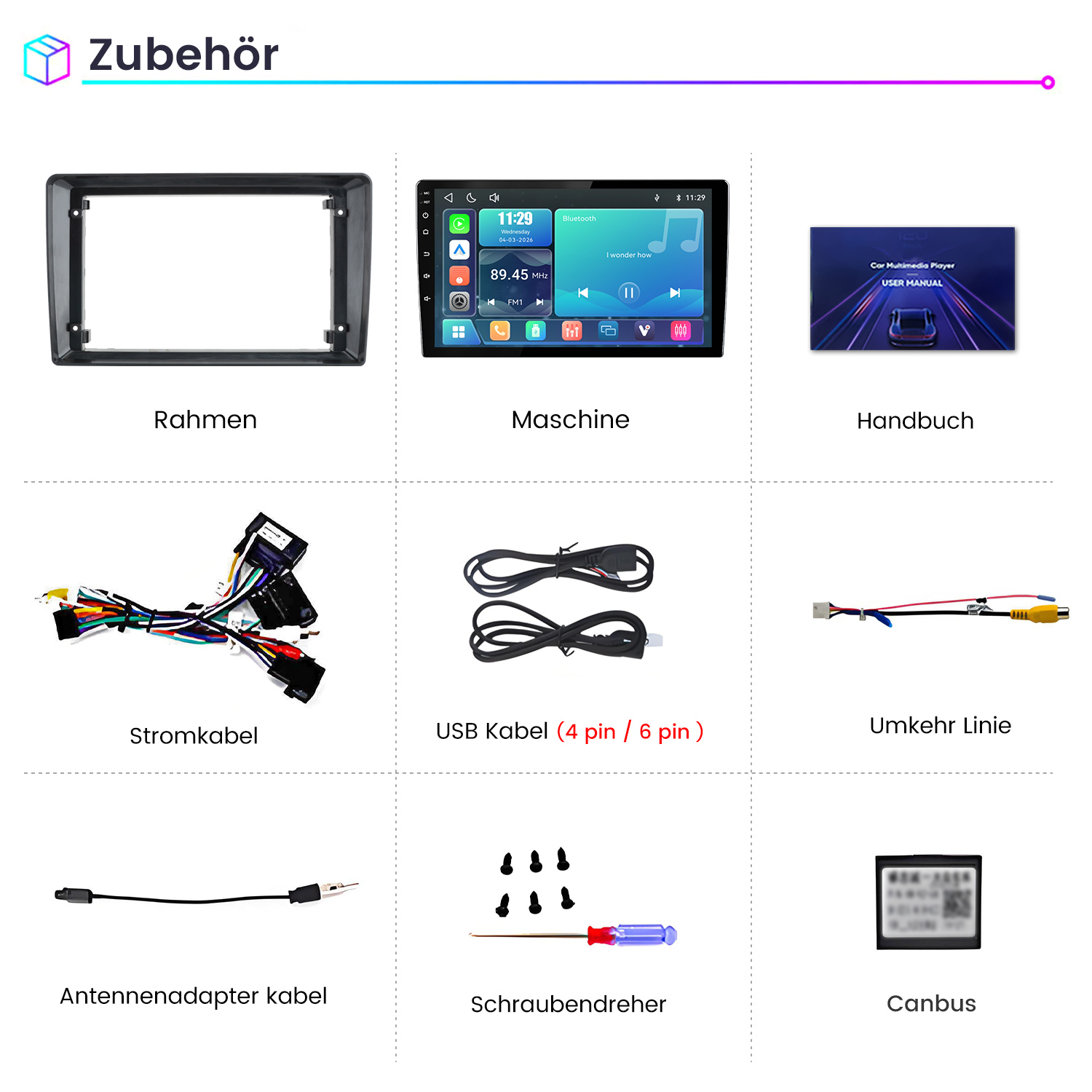 Zubehör: Rahmen, Maschine, Handbuch, Stromkabel, USB-Kabel, Rückfahrkamera-Leitung, Antennenadapter, Schraubendreher, Canbus.