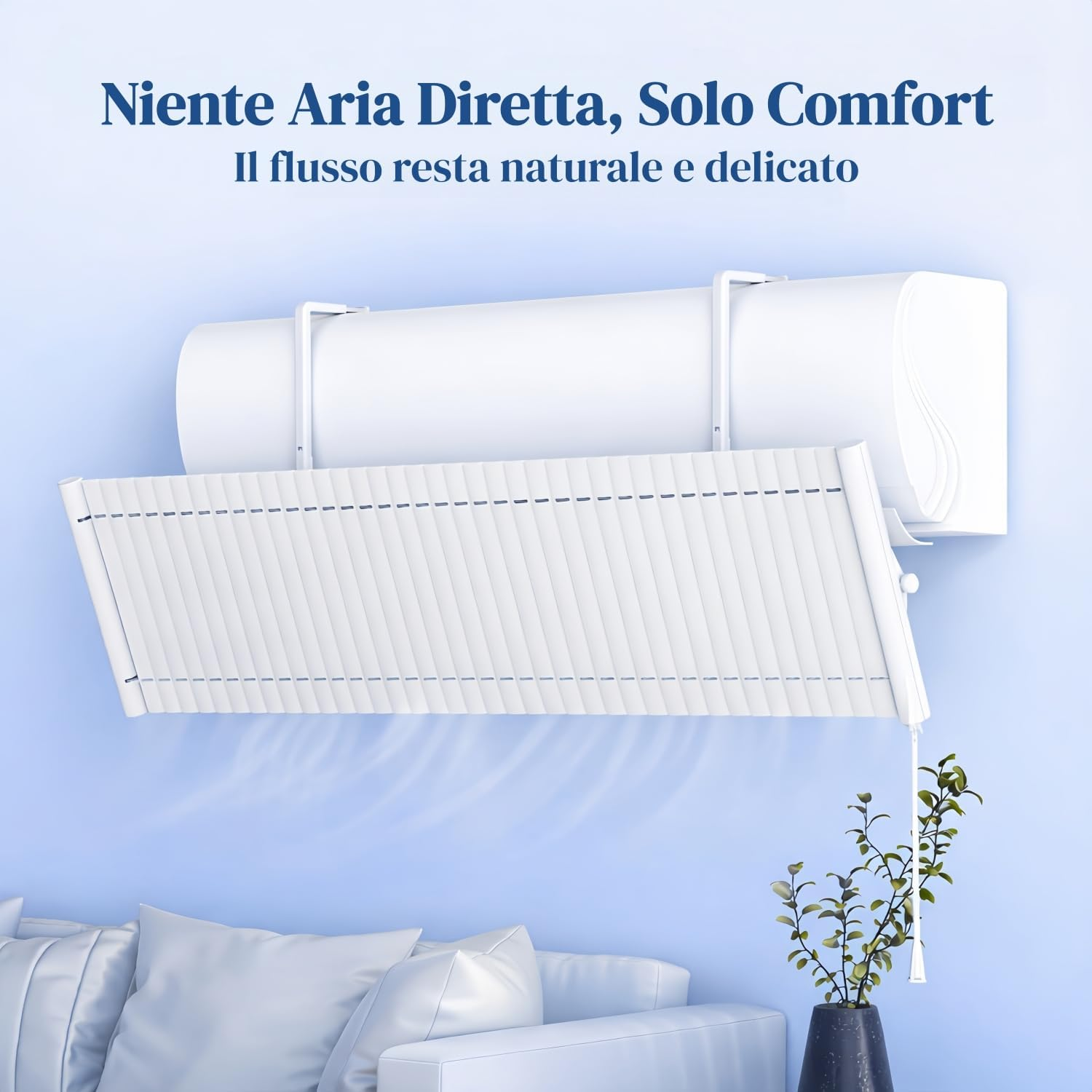 Ein weißer Luftdiffusor ist über einem Sofa montiert, um den Luftstrom zu lenken.