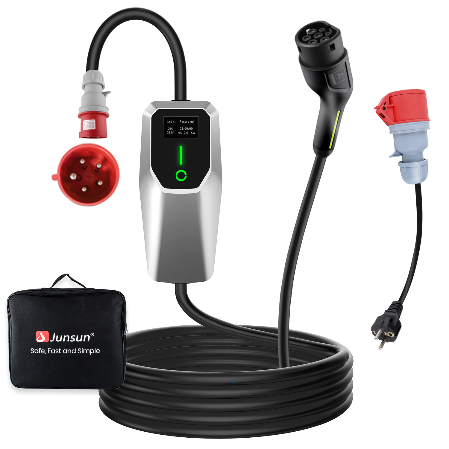 Ladegerät mit Kabel, Stecker, Tasche. Anzeige zeigt Ladeinfo.