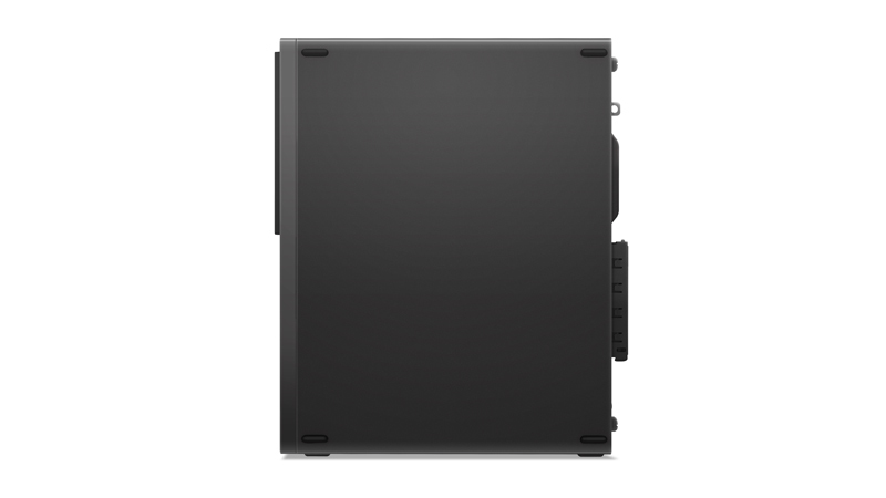 Schwarzes Desktop-Gehäuse von der Seite, mit Füßen und Anschlüssen.