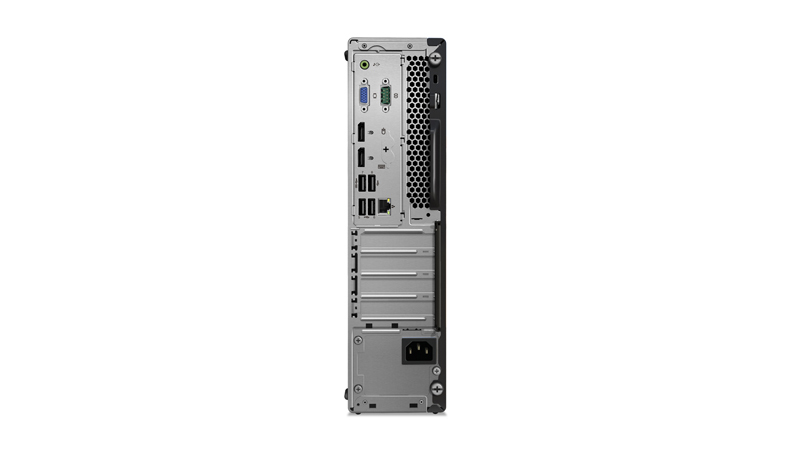 Rückseite eines schlanken Desktop-Computers mit Anschlüssen und Lüftungsgitter.