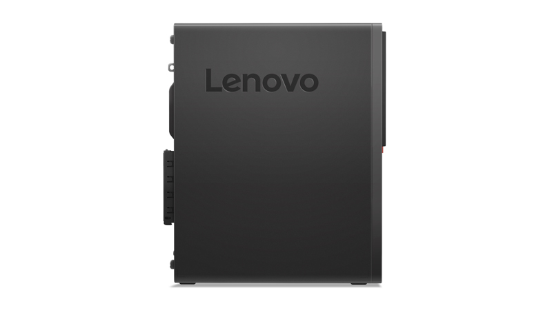 Ein schwarzes Lenovo-Desktop-Gehäuse mit seitlichen Anschlüssen, von der Seite gesehen.