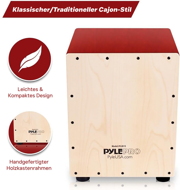 Ein heller Holzkasten-Cajon mit roter Oberseite und schwarzen Füßen.