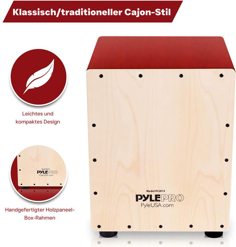 Holz-Cajon mit rotem Deckel, PylePro-Logo und Schriftzug.