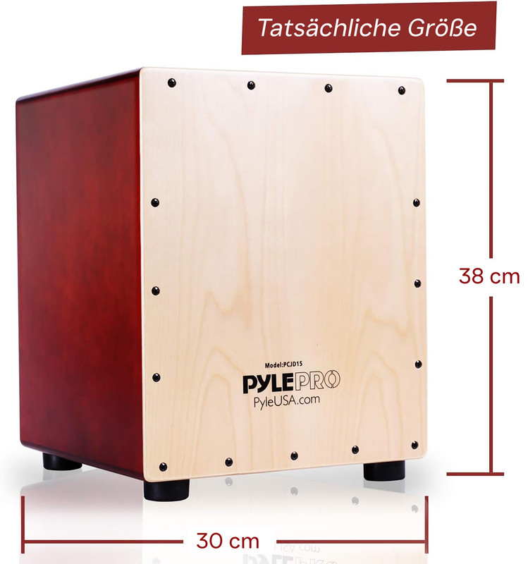 Ein Cajon-Instrument aus Holz mit roten Seiten und heller Vorderseite. Maße: 38x30cm.