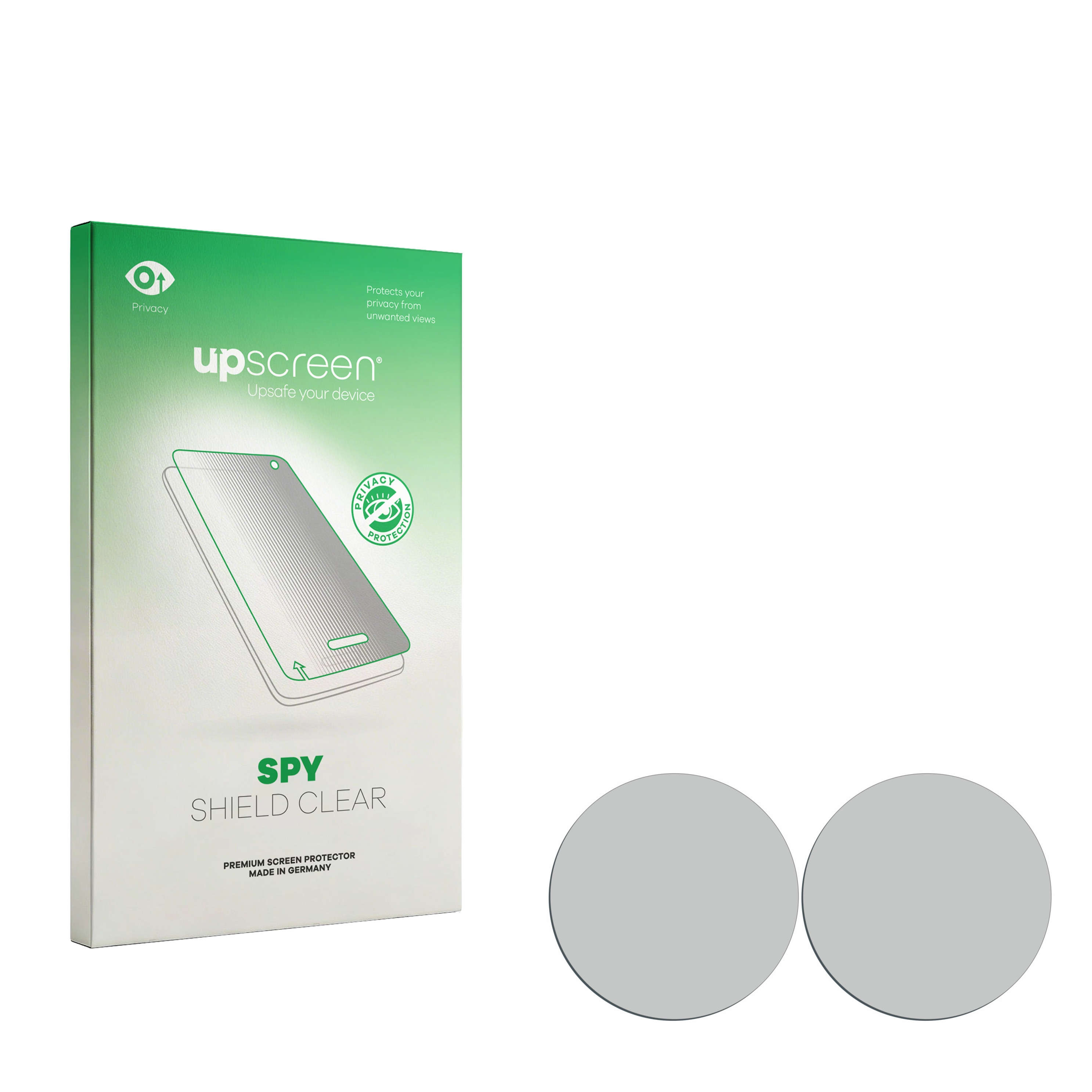 Grüne Box für upscreen privacy shield clear. Zwei graue Kreise rechts.