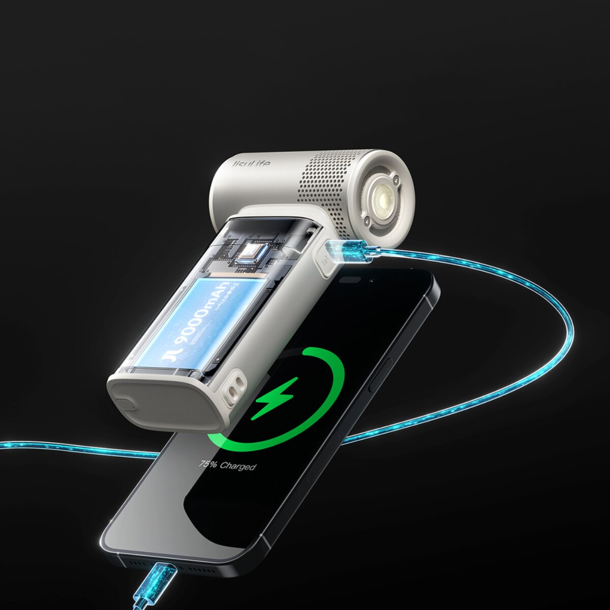 Ein grauer Powerbank-Akku mit 9000 mAh lädt ein Smartphone, das 75 % geladen ist.
