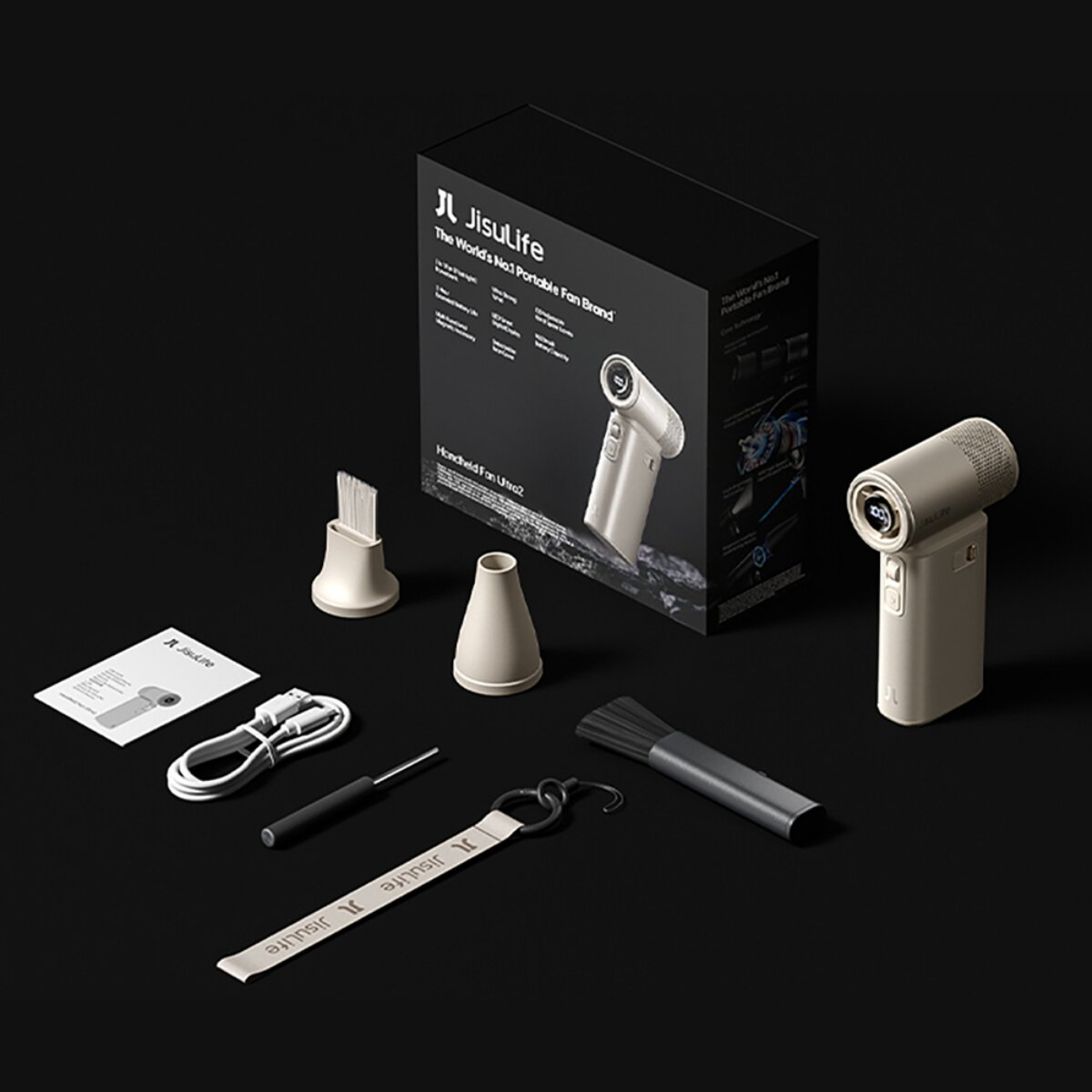 Ein Jisulife-Handventilator und Zubehör sind auf einer schwarzen Oberfläche ausgestellt.
