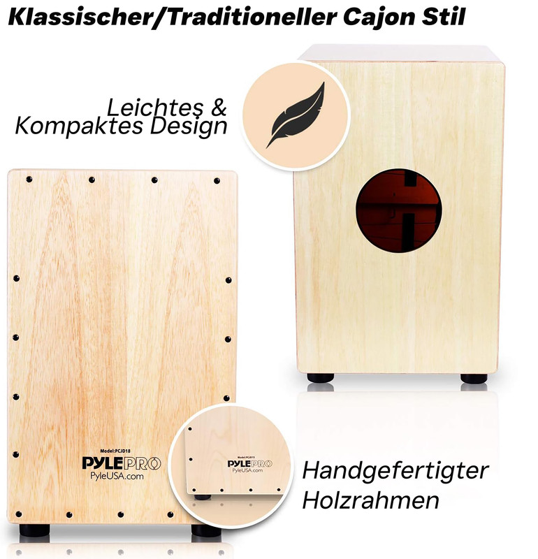 Zwei hölzerne Cajons, eines mit Schallloch, auf weißem Hintergrund.