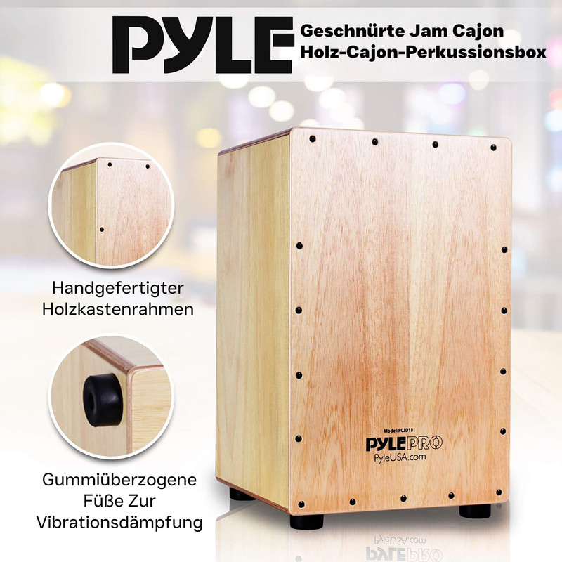 Holz-Cajon-Perkussionsbox mit Gummifüßen, auf der Vorderseite ist das PylePRO-Logo.