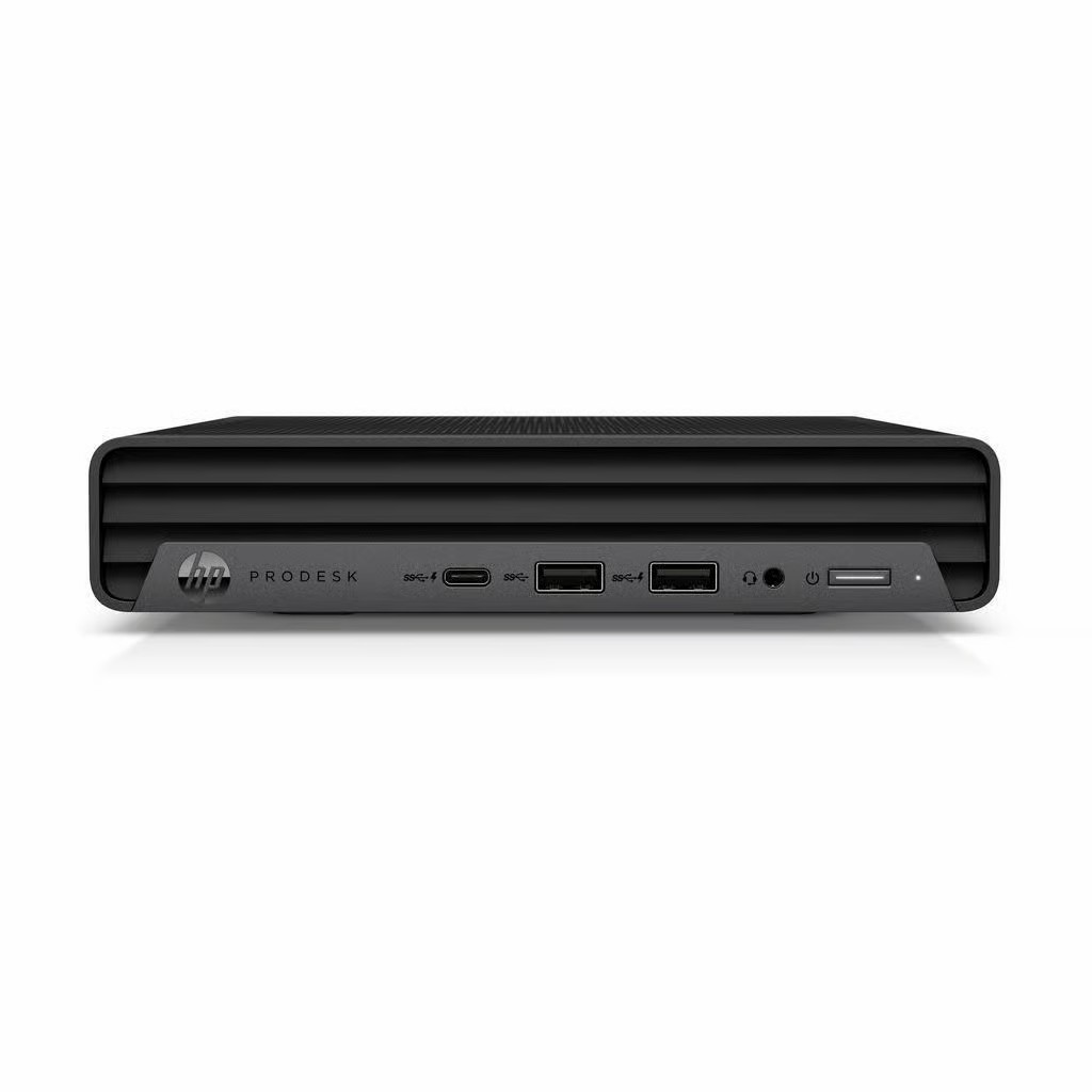 Schwarzer HP ProDesk Mini-PC mit Anschlüssen vorne: USB-C, USB-A, Kopfhöreranschluss, Netzschalter.