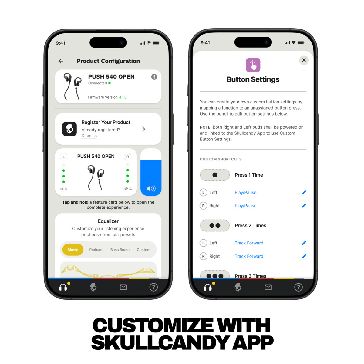 Zwei iPhone-Bildschirme zeigen die Skullcandy App: Produktkonfiguration und Tasten-Einstellungen.