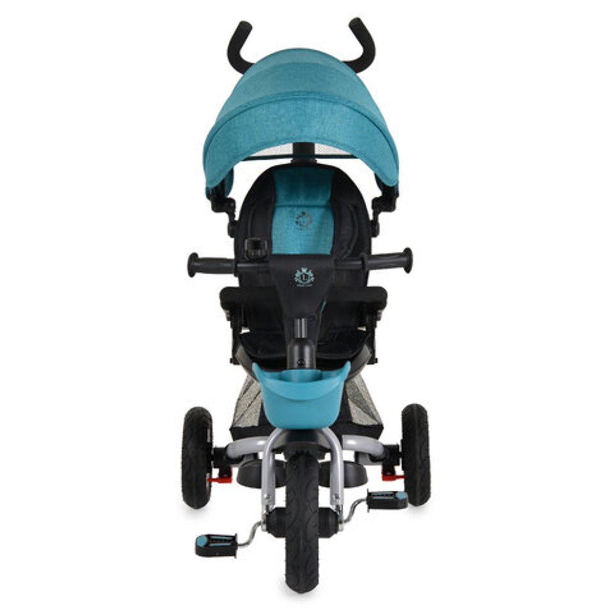 Ein türkiser Dreirad-Kinderwagen mit Verdeck und Aufbewahrungskorb.