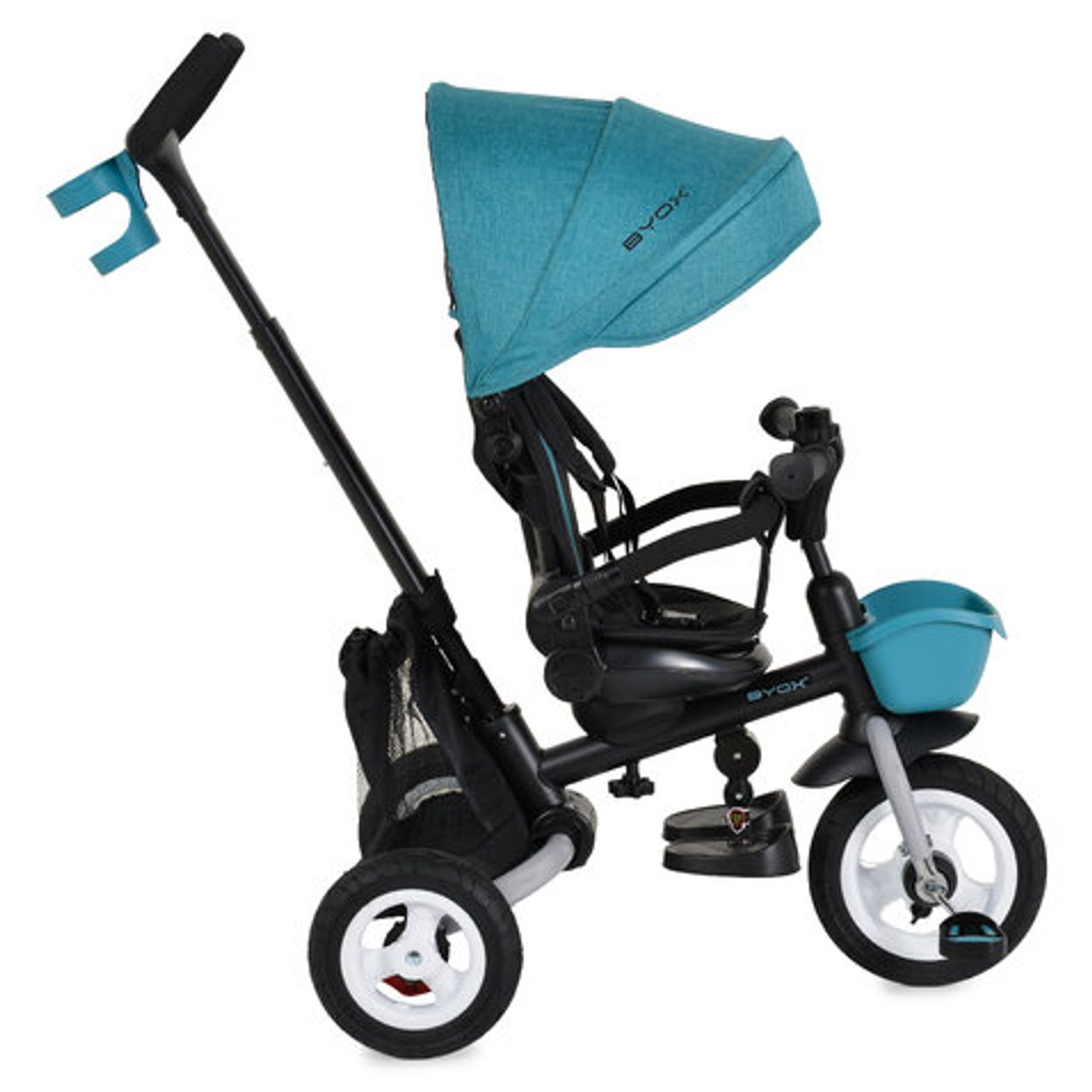 Ein blauer Kinderdreirad mit Verdeck, Schubstange und Aufbewahrungskorb.