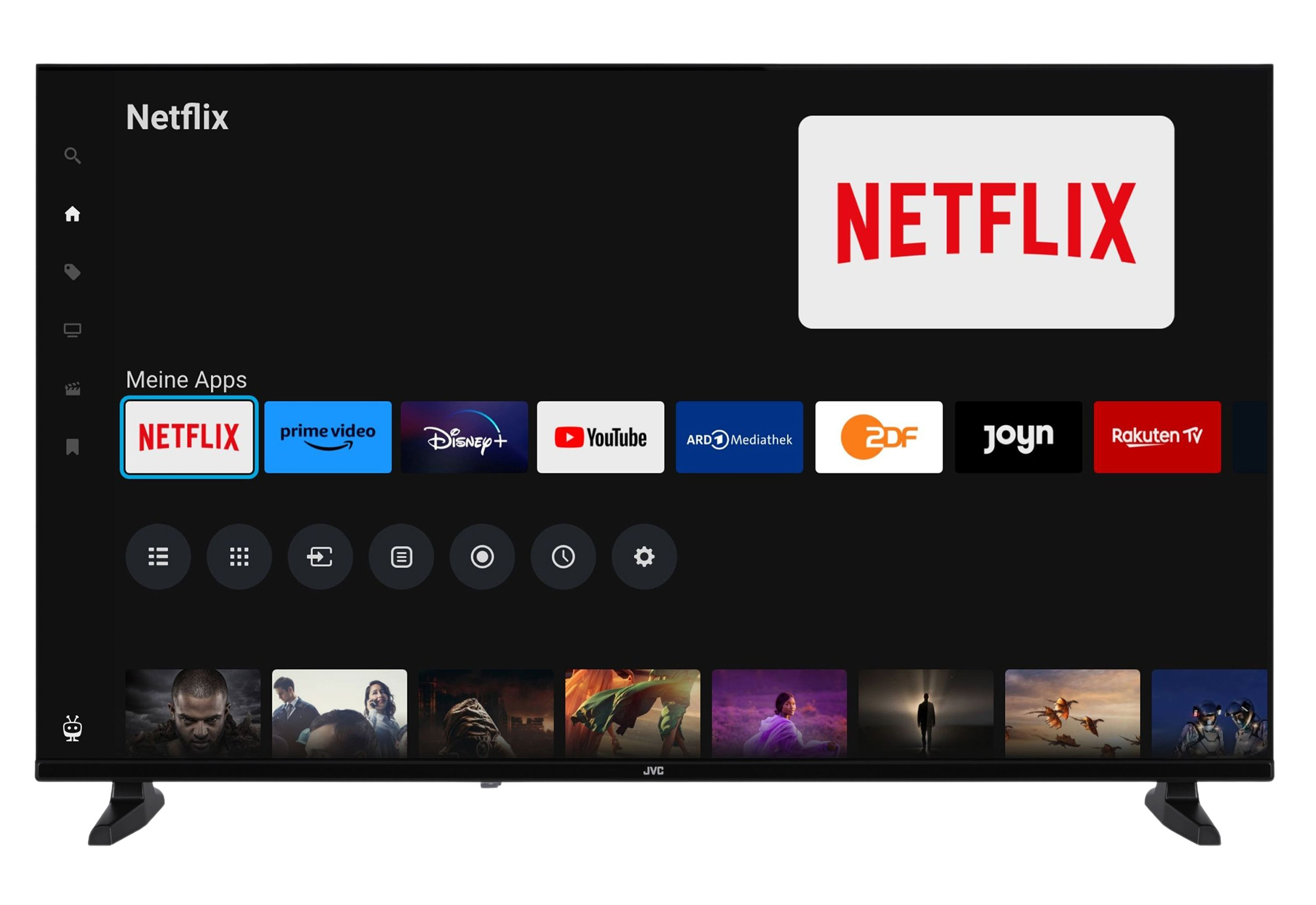 Ein Fernseher zeigt die Netflix-Startseite mit App-Icons wie Netflix, Prime Video, Disney+ und YouTube.