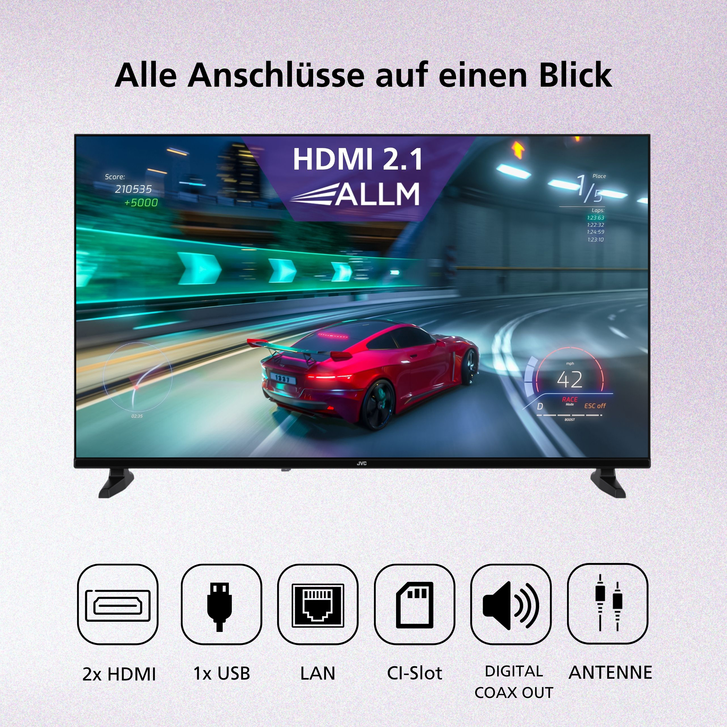 Ein Fernseher zeigt ein Autorennen mit einem roten Auto, HDMI 2.1, ALLM und Anschlüsse.