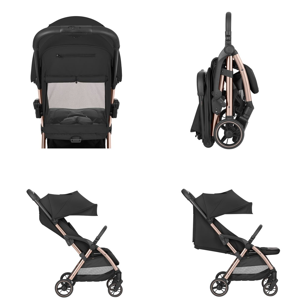 Ein schwarzer Kinderwagen in verschiedenen Ansichten: hinten, zusammengeklappt, seitlich und seitlich mit Baldachin.