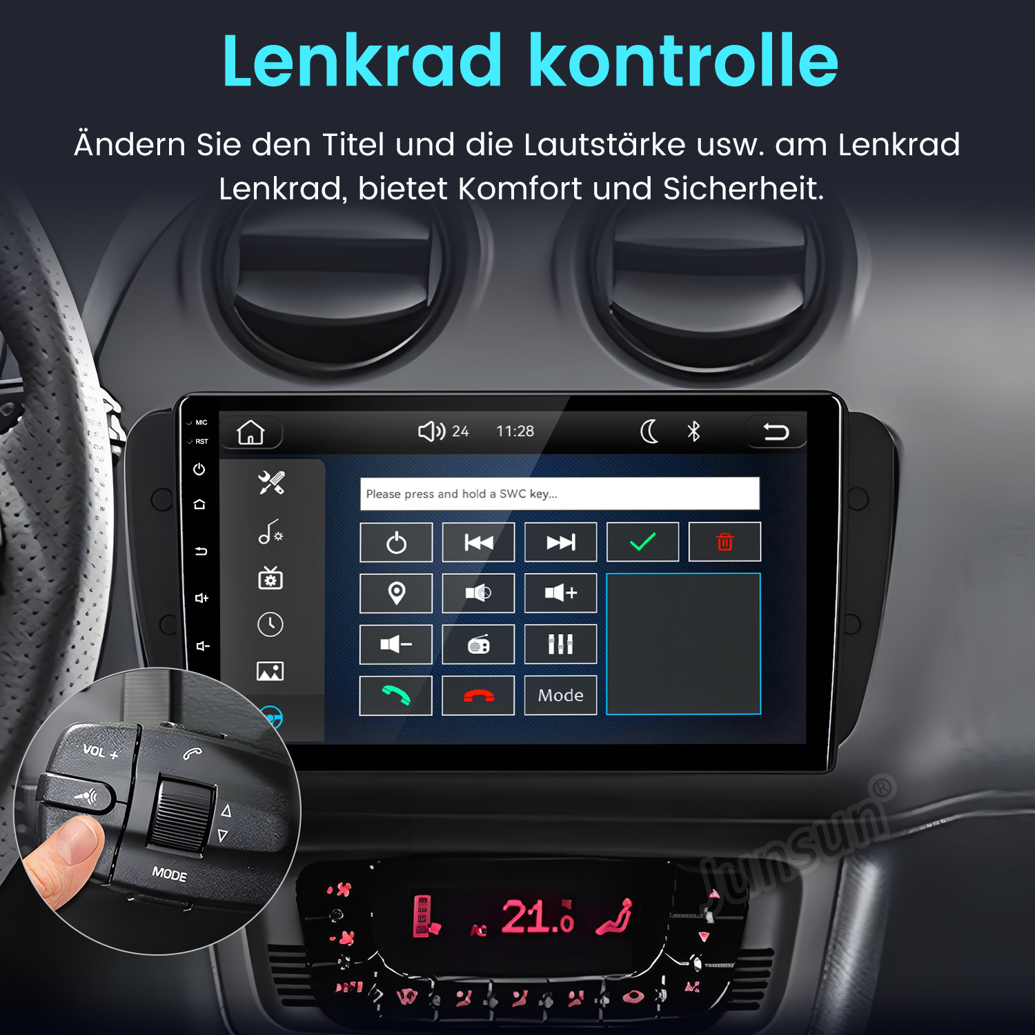 Ein Auto-Infotainmentsystem mit Touchscreen und Lenkradsteuerung wird gezeigt.