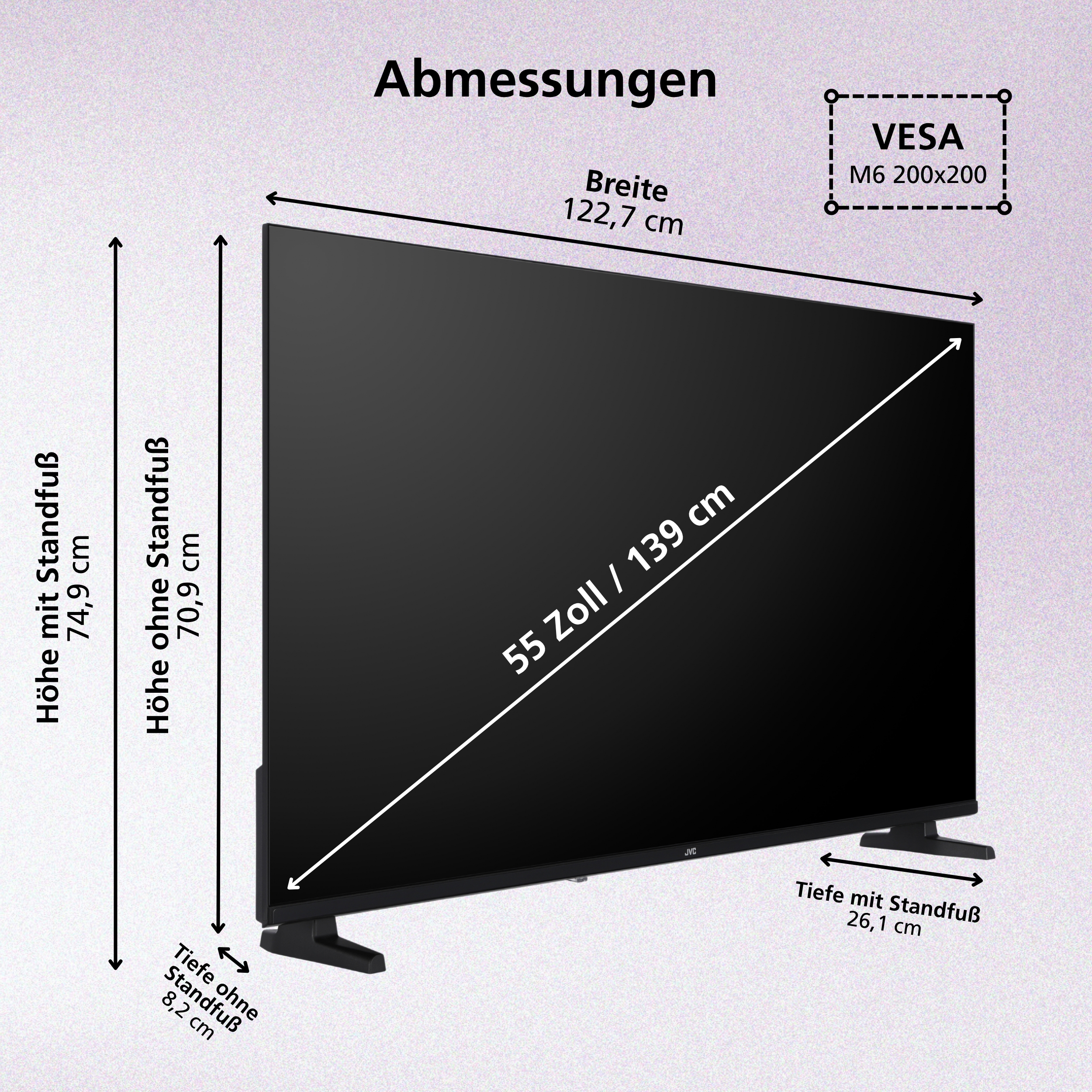 Ein schwarzer 55-Zoll-Fernseher mit Maßen und VESA-Informationen.