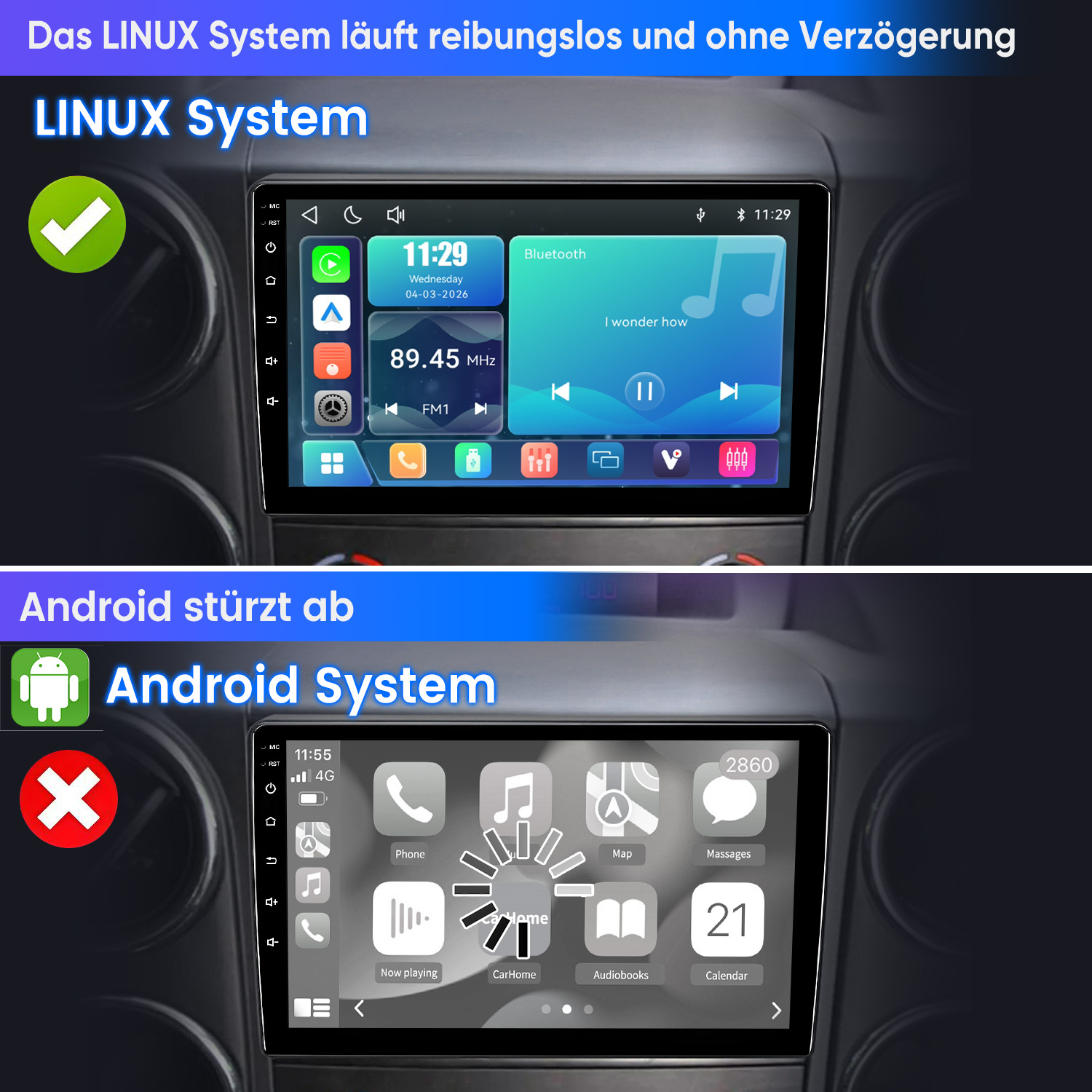 Zwei Car-Infotainment-Systeme: Linux mit Radio und Bluetooth, Android mit Apps.