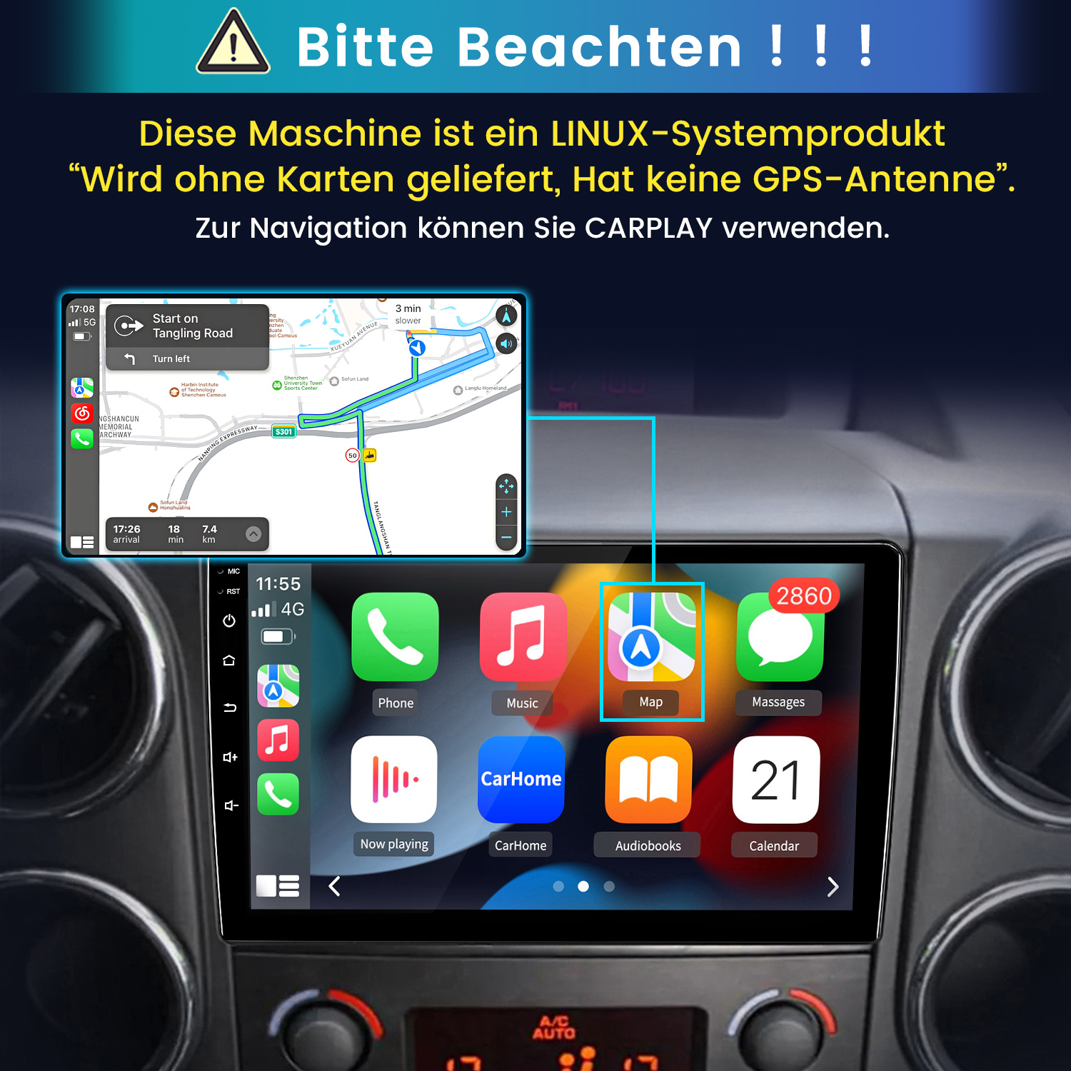 Ein Auto-Infotainment-System mit Navigation und App-Icons wie Telefon, Musik und Karten.