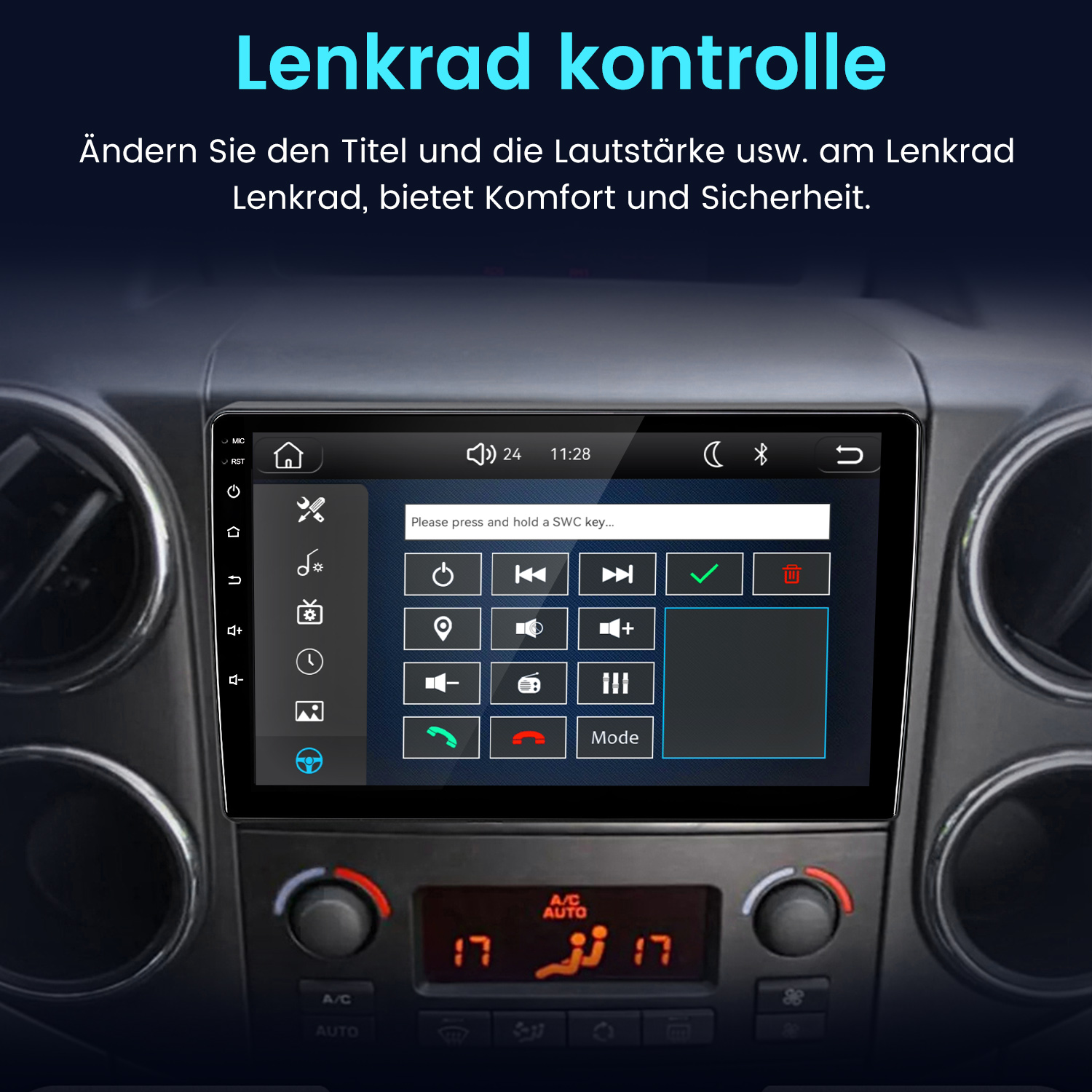 Ein Autoradio-Bildschirm mit Lenkrad-Steuerungssymbolen und Text.