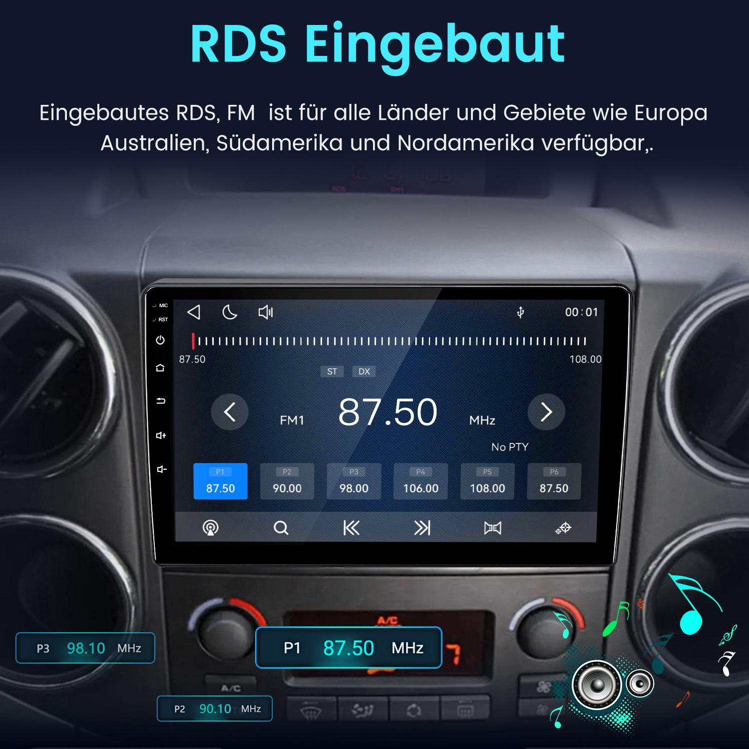 Ein Autoradio-Display zeigt FM1 mit 87.50 MHz und Sender-Presets.