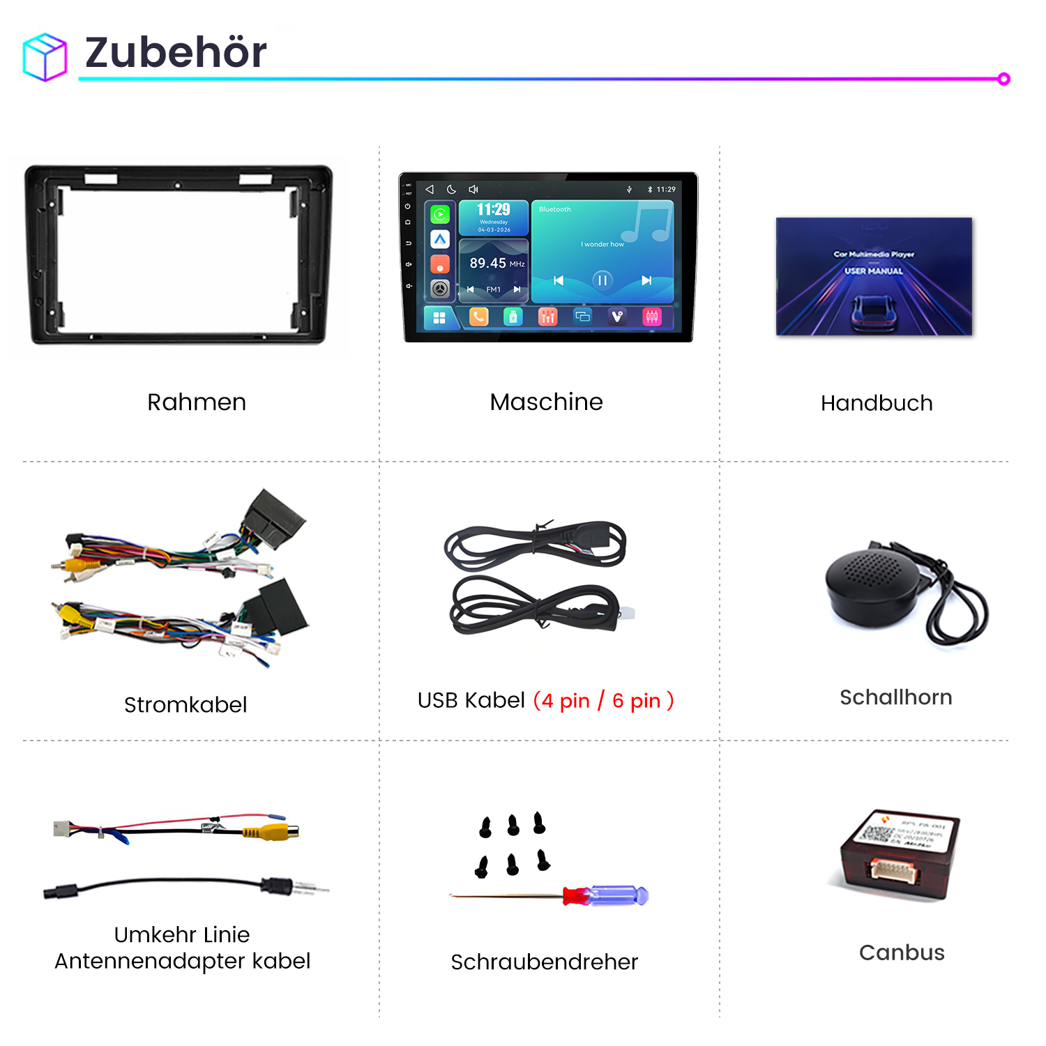 Zubehör: Rahmen, Maschine, Handbuch, Stromkabel, USB Kabel, Schallhorn, Umkehr Linie, Schraubendreher, Canbus.