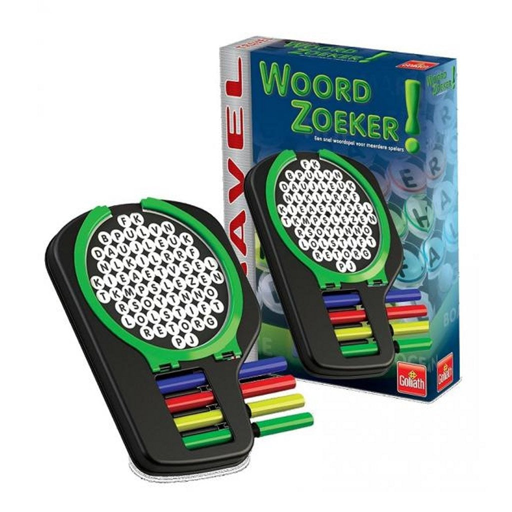 Due giochi di ricerca di parole neri con accenti verdi e bastoncini colorati.