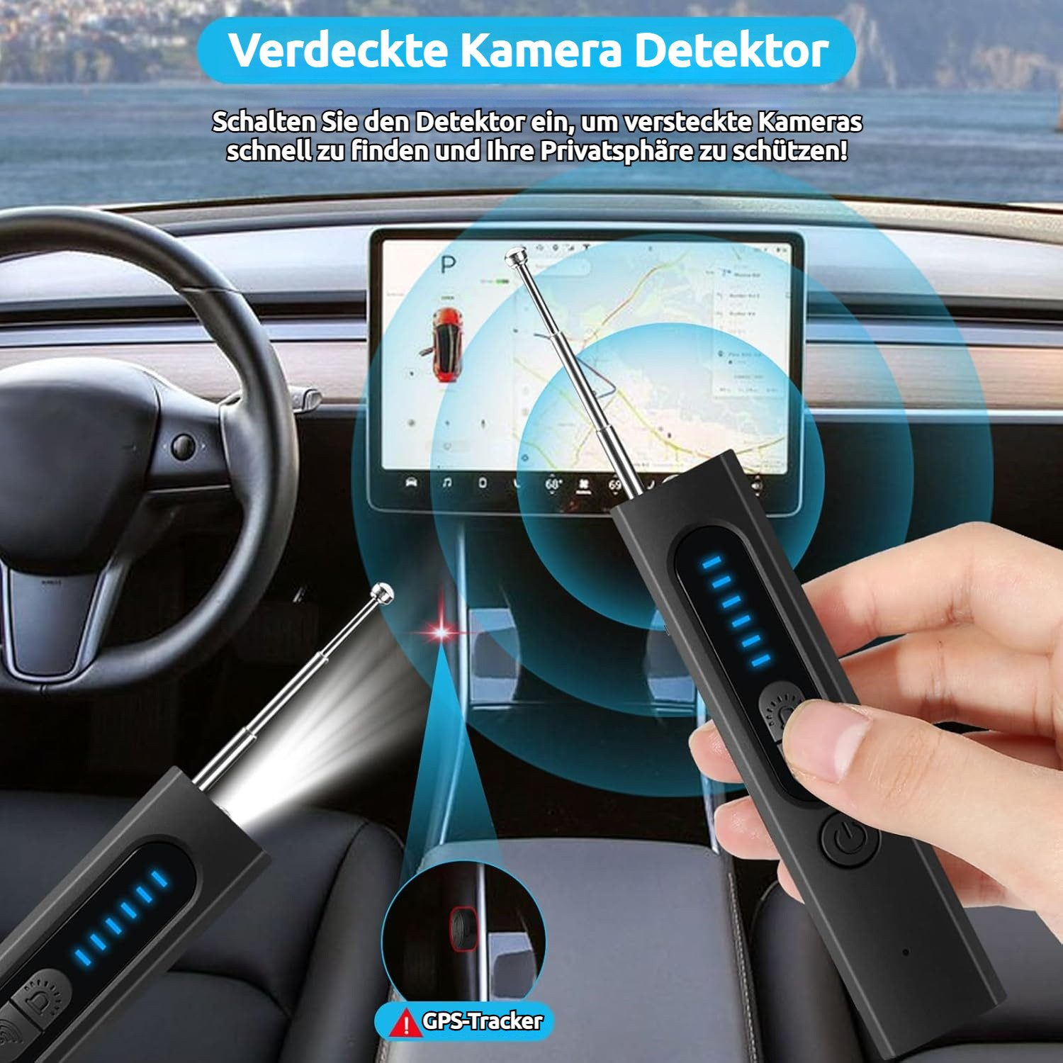 Detektor im Auto scannt nach Kameras. Ein GPS-Tracker ist markiert.