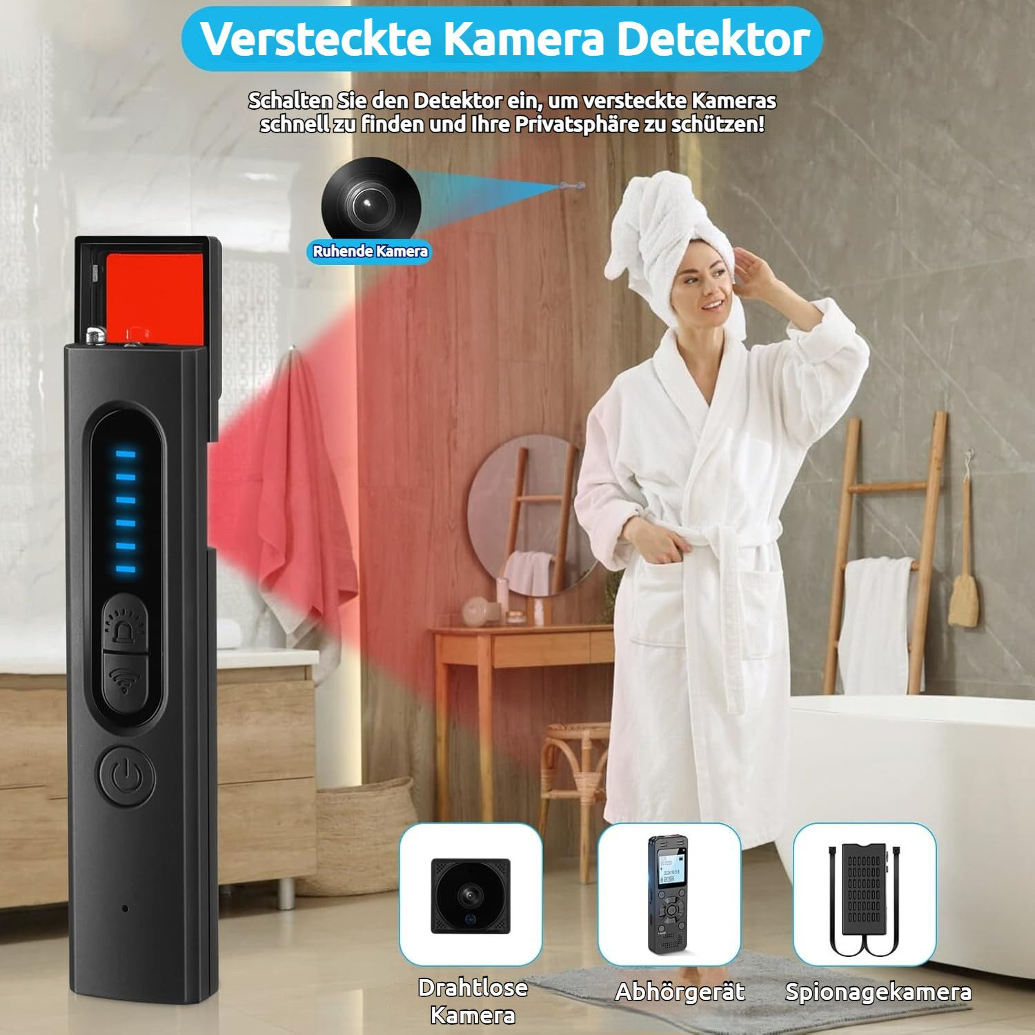 Ein schwarzer Detektor mit rotem Lichtstrahl, der auf eine versteckte Kamera zeigt.