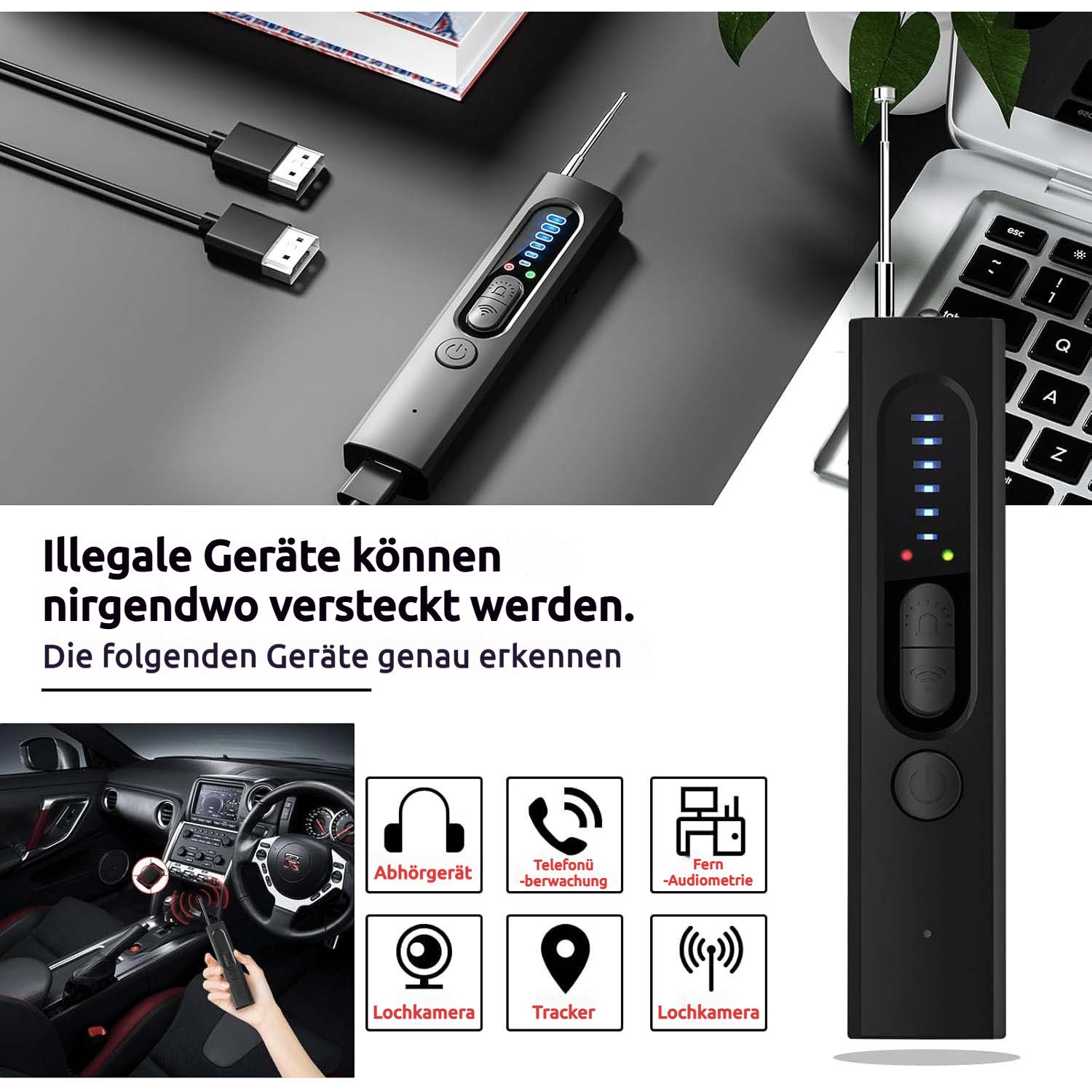 Detektoren und Icons für Abhörgeräte, Kameras, Tracker.