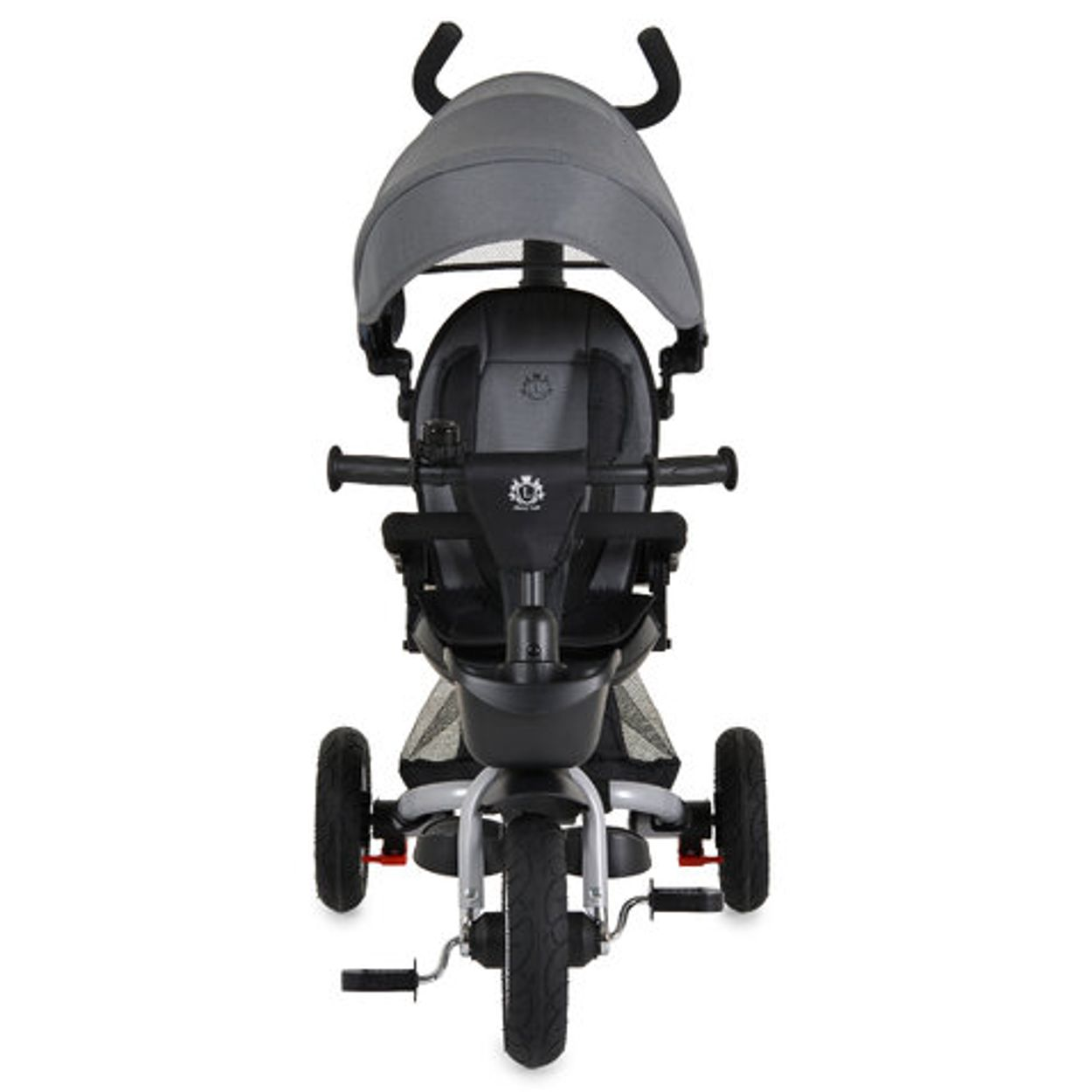 Grauer Dreirad-Kinderwagen mit Überdachung und Griffen.