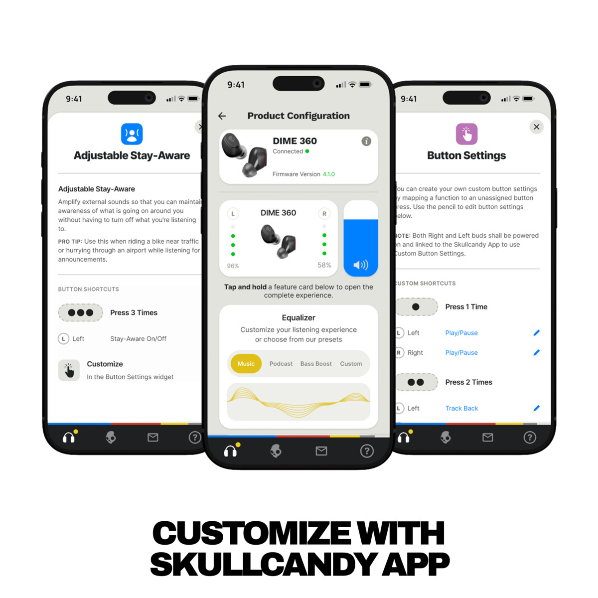 Drei Skullcandy App-Bildschirme zeigen Anpassungsoptionen für Kopfhörer.