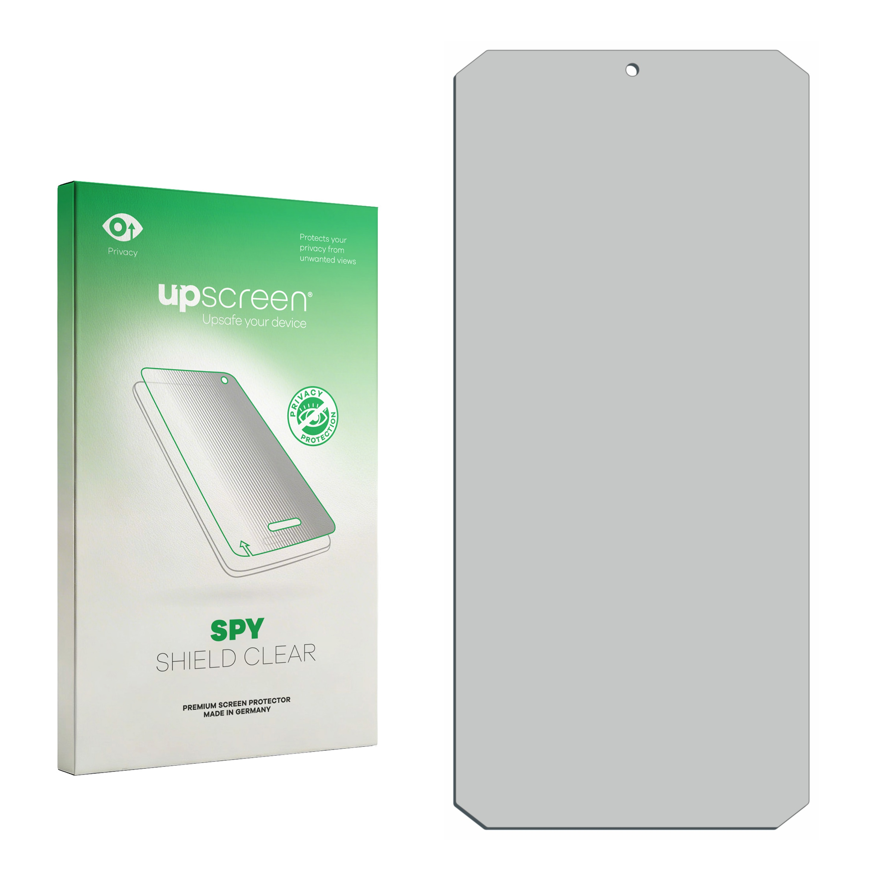 Grüne Verpackung für einen Displayschutz mit Handy-Abbildung und Silhouetten-Schutzfolie.