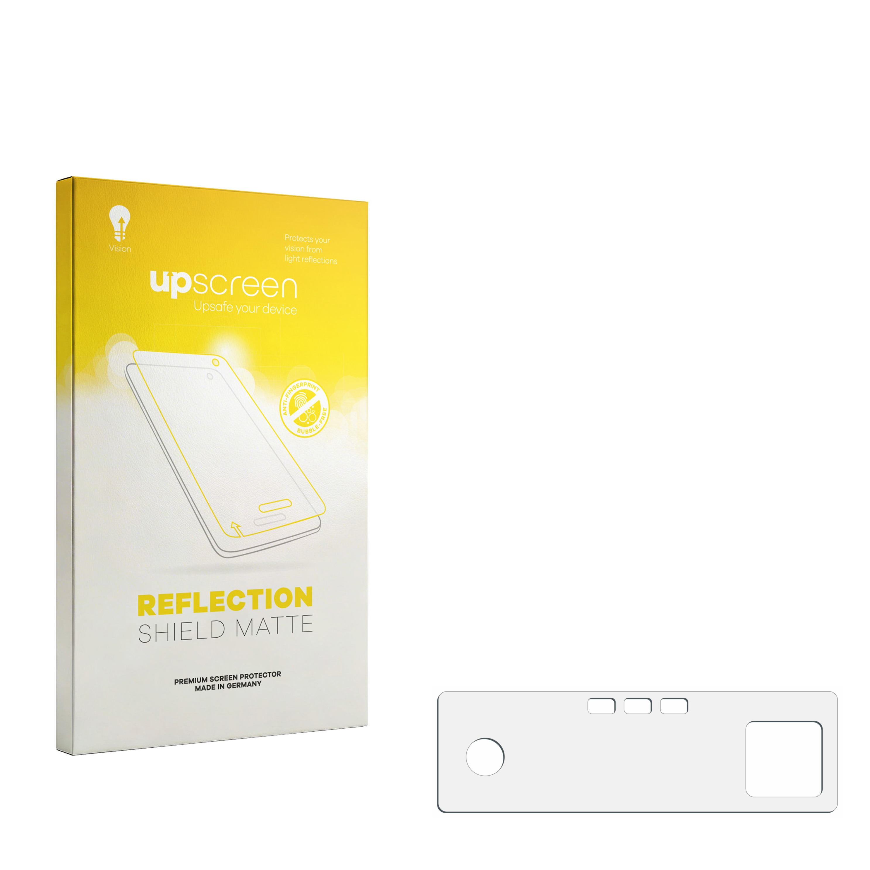 Gelbe Verpackung zeigt ein Handy-Display-Schutzfolien-Design und eine weiße Folie.