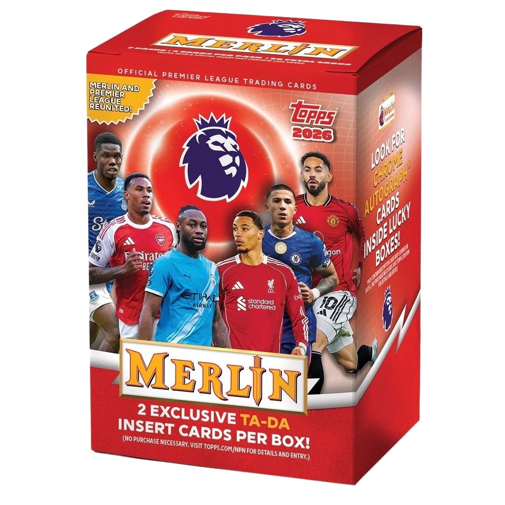 Merlin Premier League Sammelkartenbox mit Spielern und dem Premier League Logo.
