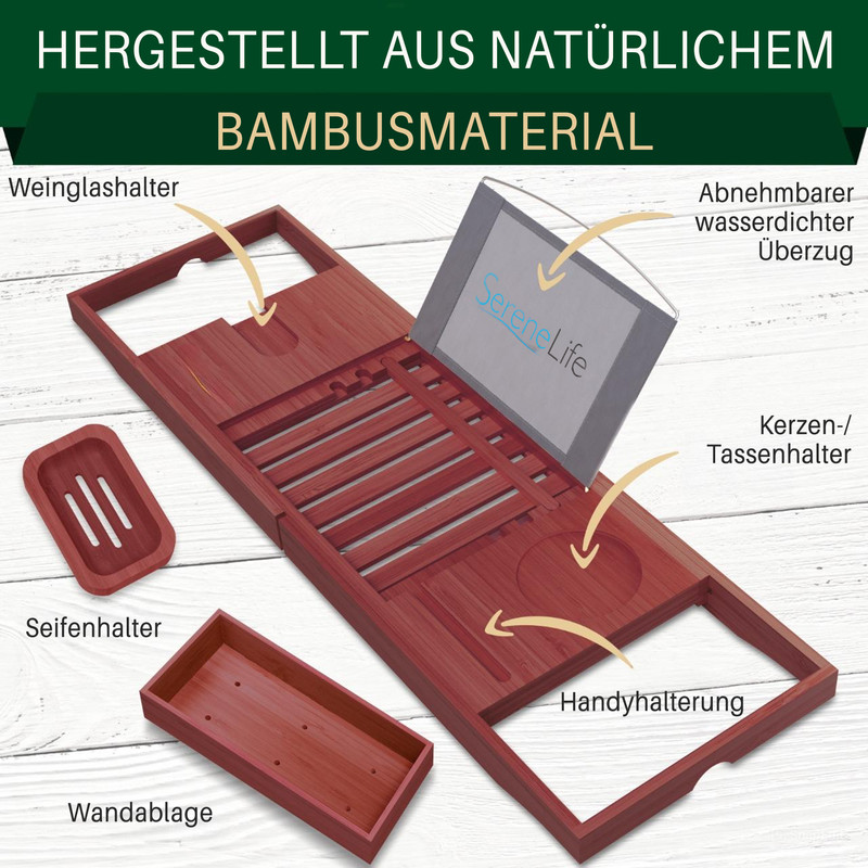 Ein hölzerner Badewannen-Organizer mit Halterungen für Gläser, Seife, Handy, Kerzen/Tassen.